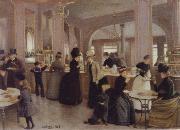Jean Beraud the Patisserie Gloppe on the Champs-Elysees oil on canvas